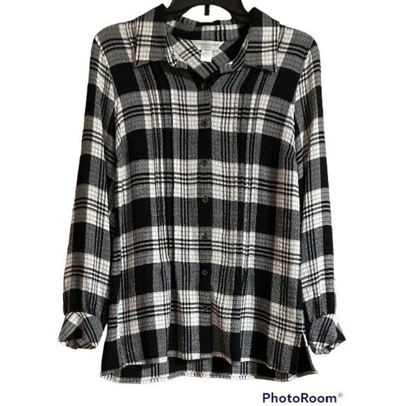 Womens Christopher Banks Long Sleeve Button-up Blouse Soft Plaid Black White PS - Picture 1 of 7